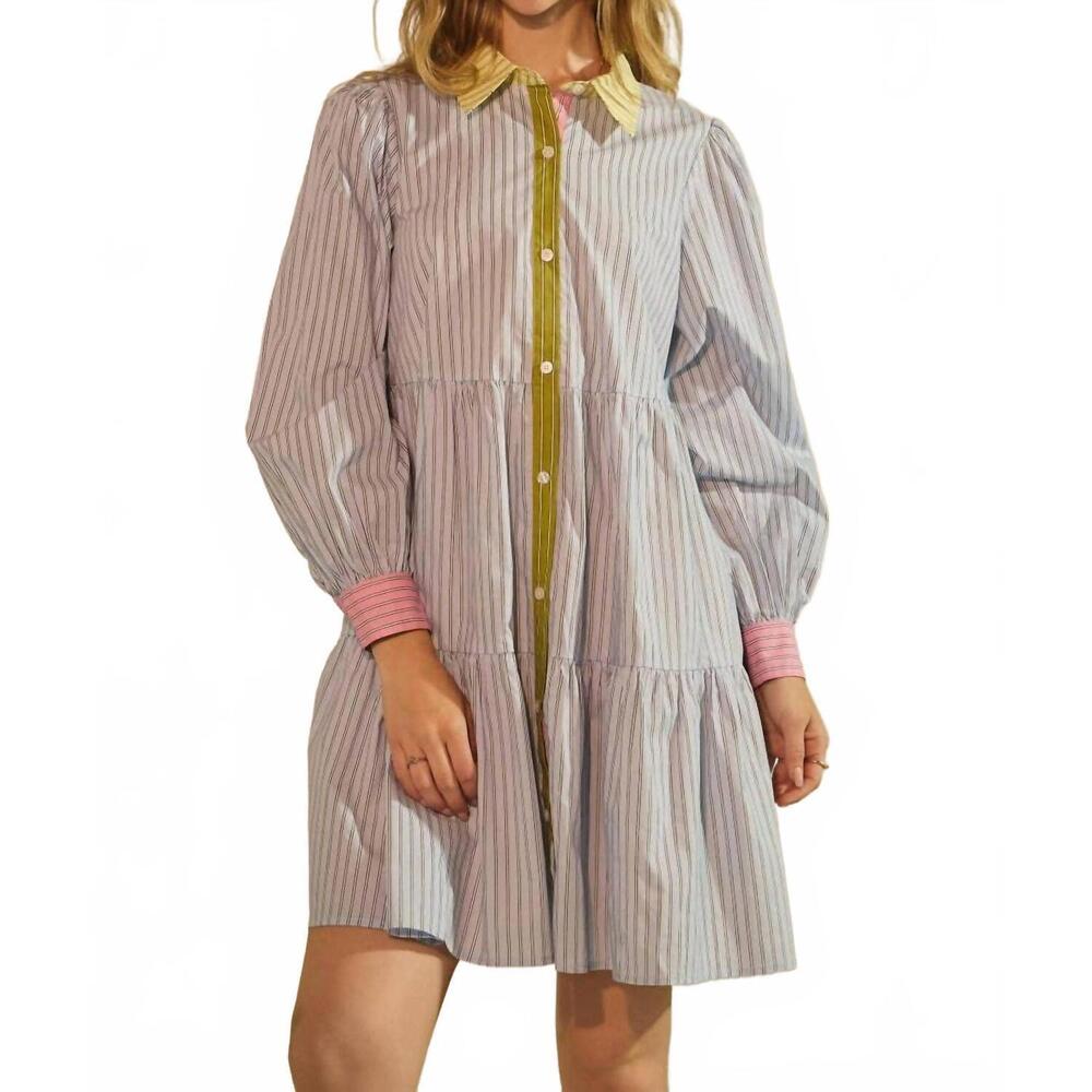 NEW ODDI striped tiered button down shirt dress in blue combo